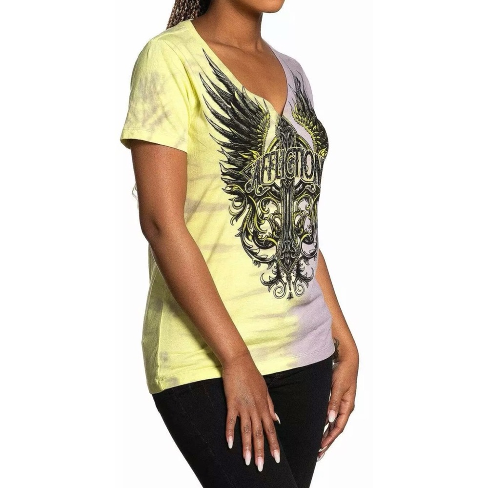 Affliction Women's T-Shirt TURQUOISE Tie Dye Cross Biker Wings - Picture 3 of 5